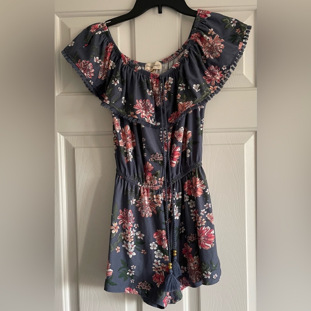 NWOT Derek Heart Romper Blue Floral Tropical Print Off The Shoulder Shorts Sz S